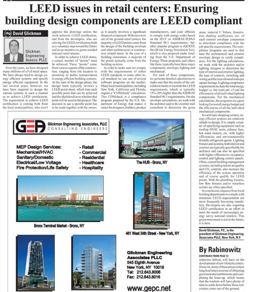 Article by David Glickman - LEED Issues in retail centers: Ensuring building design components are LEED compliant.